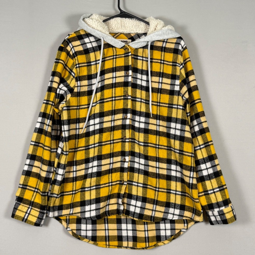 Ci Sono Plaid Hooded Shirt Womens XL Yellow Black NWOT Sherpa Lined Flannel